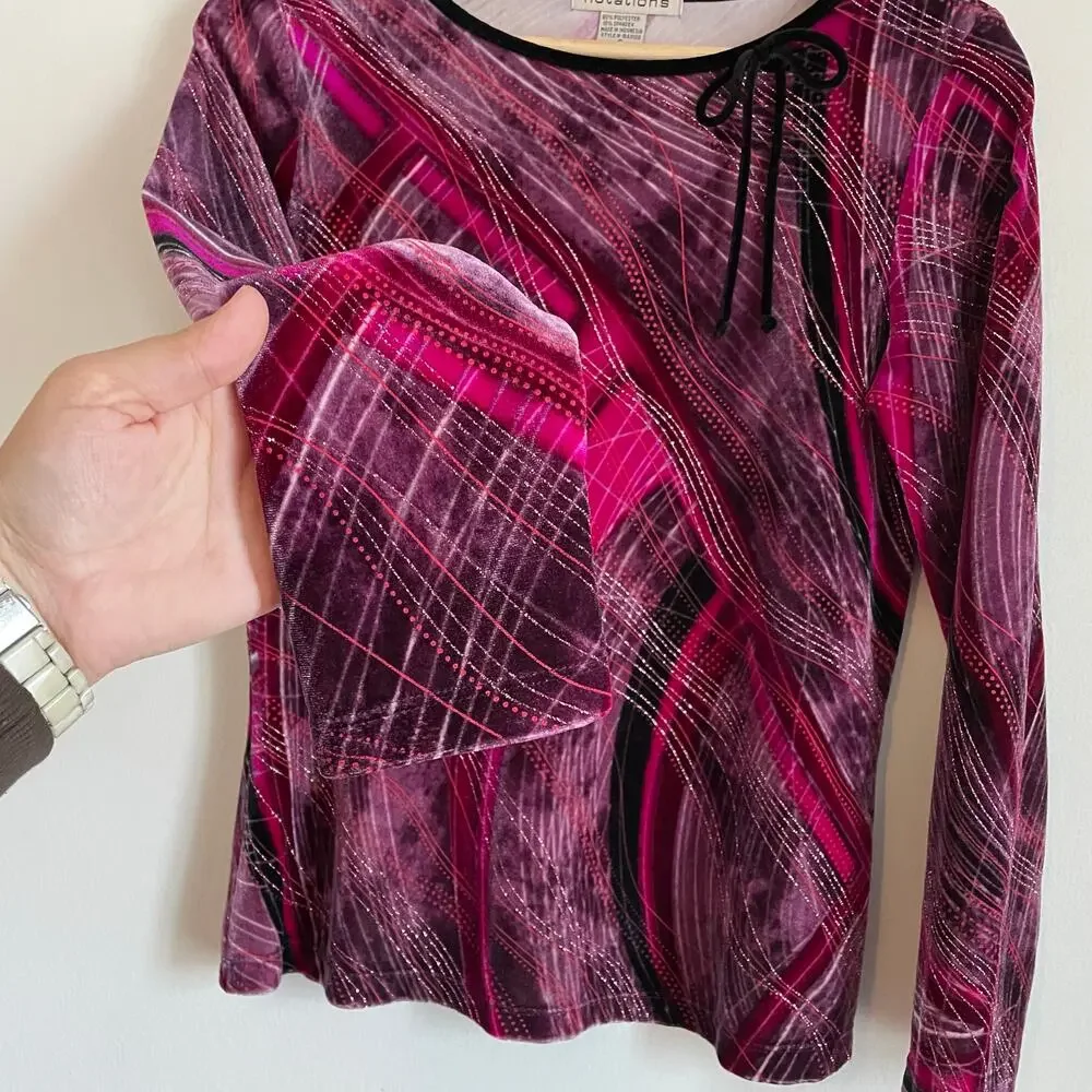 VTG Y2K Pink Metallic Velvet Long Sleeve Bow Neckline SZ SMALL Clueless 90s EUC - Picture 2 of 10